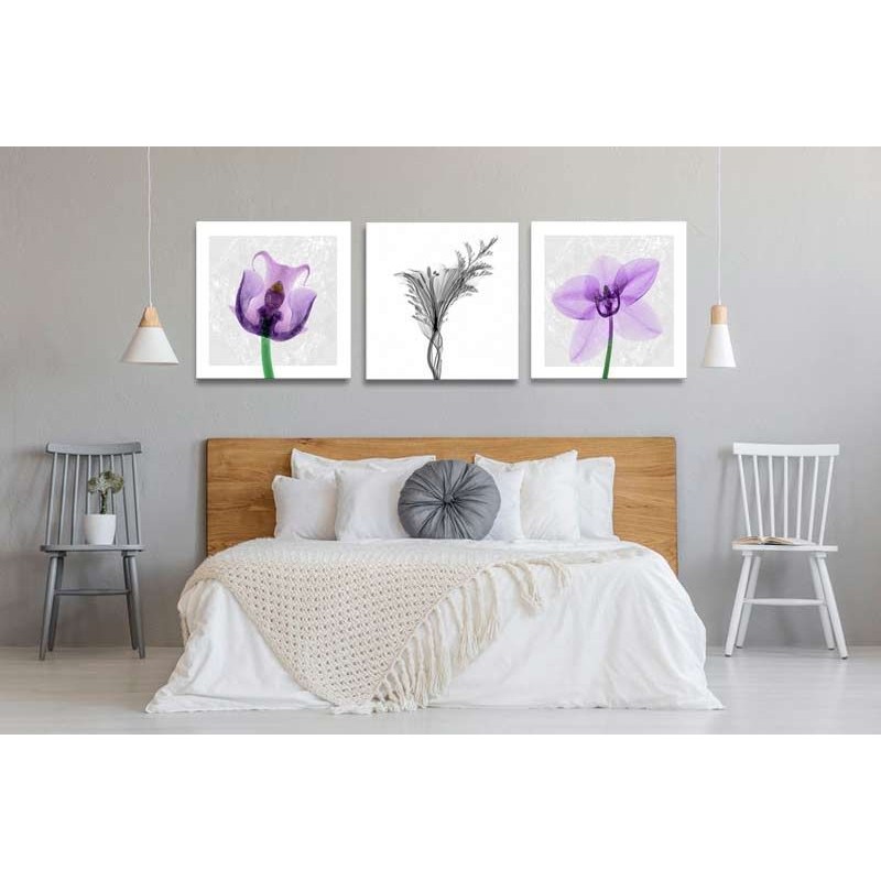 Arte moderno, 3 Cuadros flores lila lienzo, decoración pared, Cuadros Dormitorio elegantes, venta online